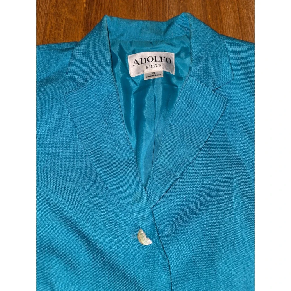 Adolfo Suits‎ Women 14 2 Pc Teal Blue Short Sleeve Blazer Pencil Skirt Suit Set